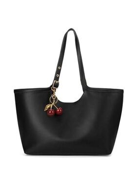 Black Vegan Leather Tote Bag Cherry Charm Shoulder Handbag Large Capacity
